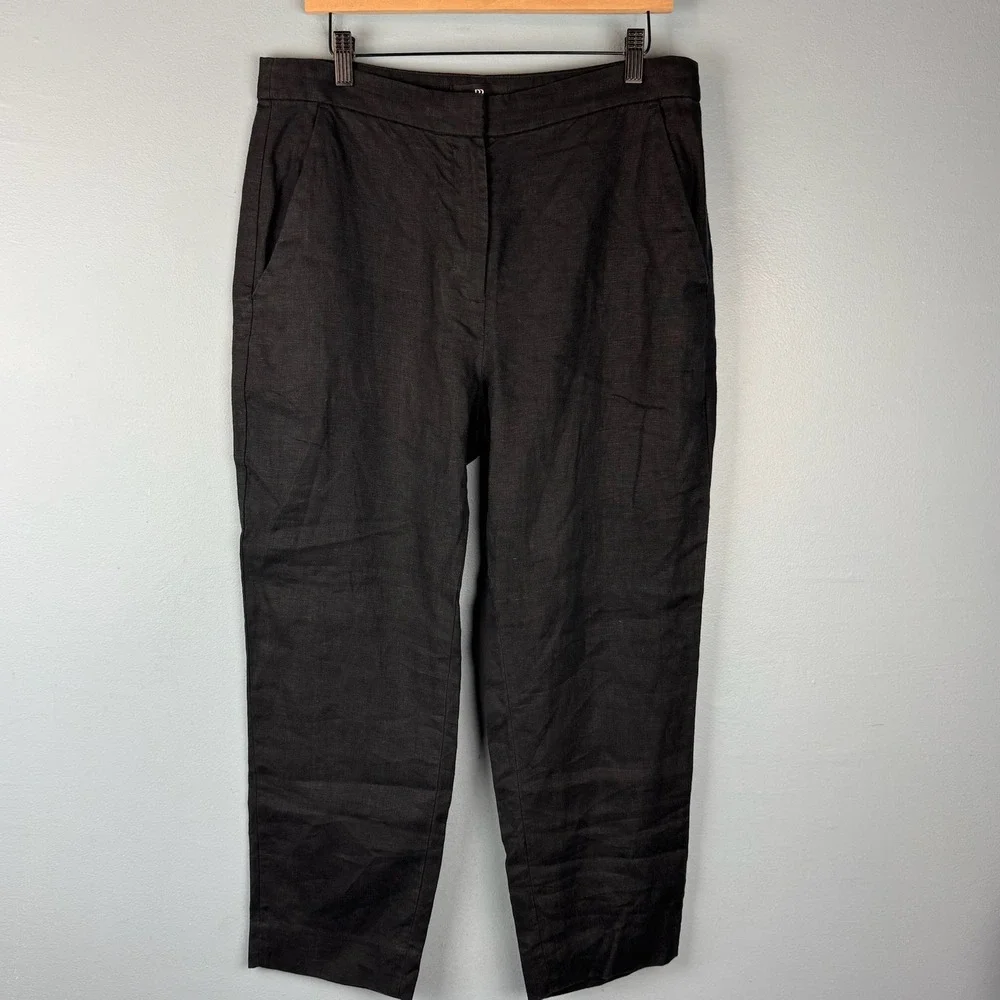 Banana Republic High Rise Slim Ankle Trousers Women 12 Black Linen Tapered Pants